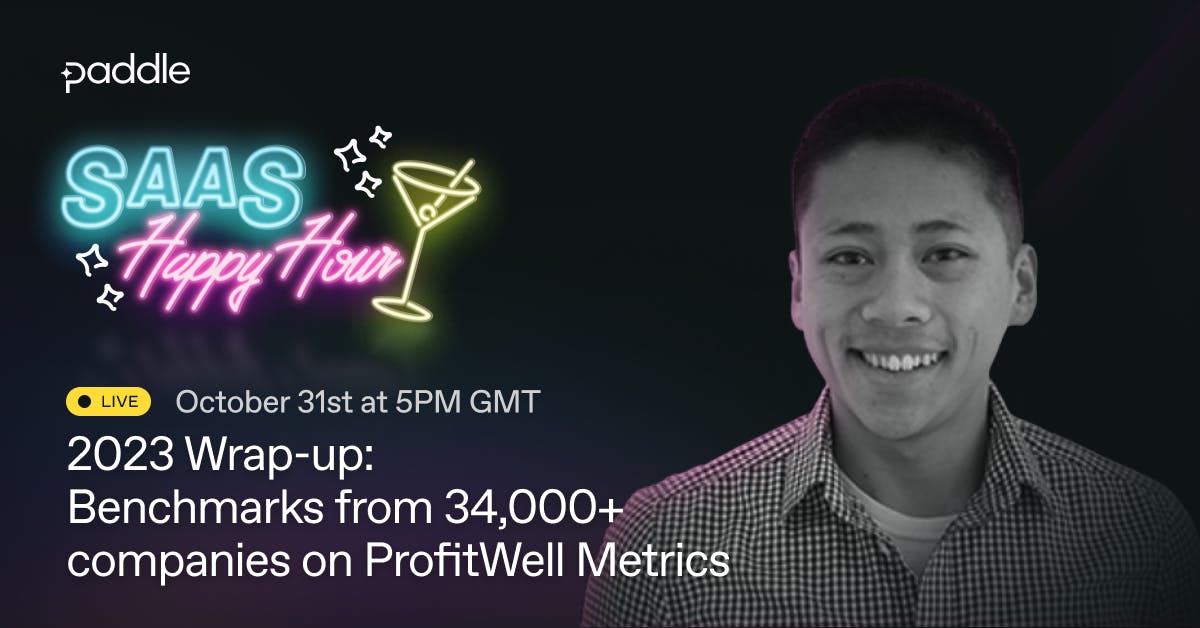 Webinar thumbnail for '2023 Wrap-up: Benchmarks from 34,000 companies on ProfitWell Metrics'