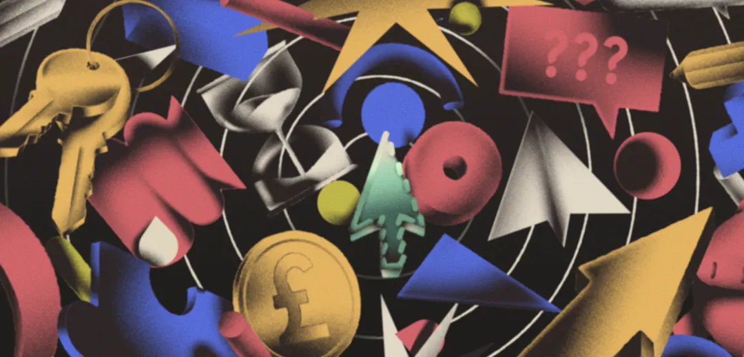 Illustrated abstract coins, keys, and cursors