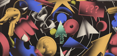 Illustrated abstract coins, keys, and cursors