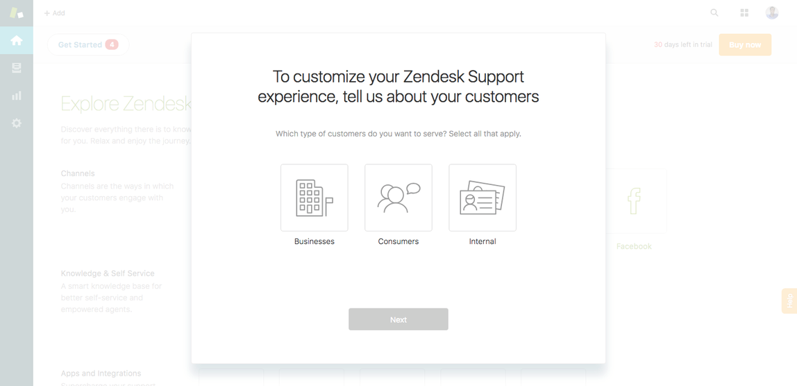 Screenshot from Zendesk asking users "Which type of customers do you want to serve? Select all that apply" Answer options: businesses, consumers, internal.