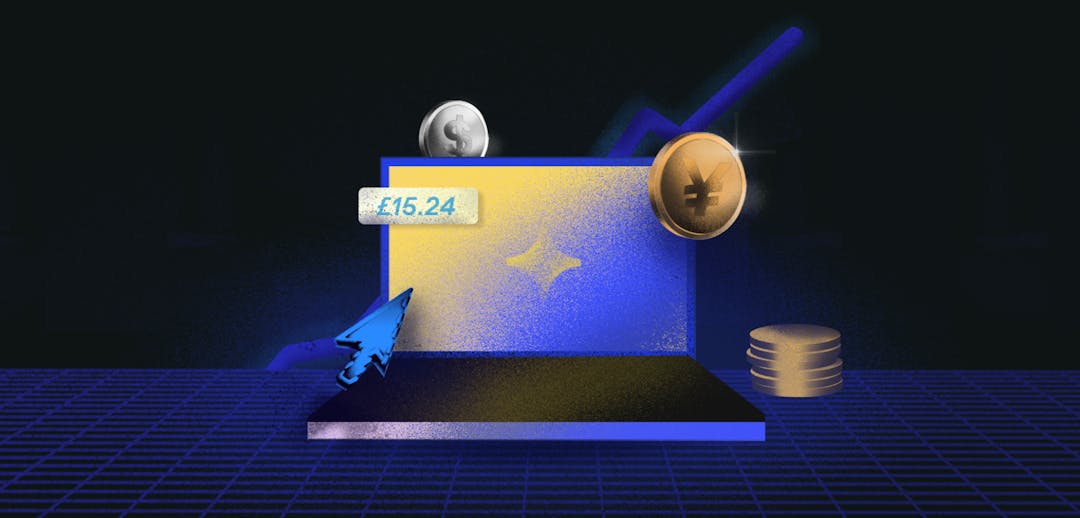 Illustrated cursor pointing to a laptop screen with a stack of coins