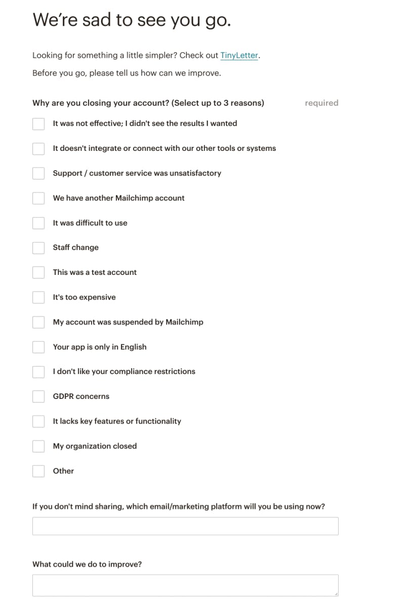 Survey is titles 'We're sad to see you go' and asks 'Why are you closing your account' with the option to select 3 reasons from a multiple choice list