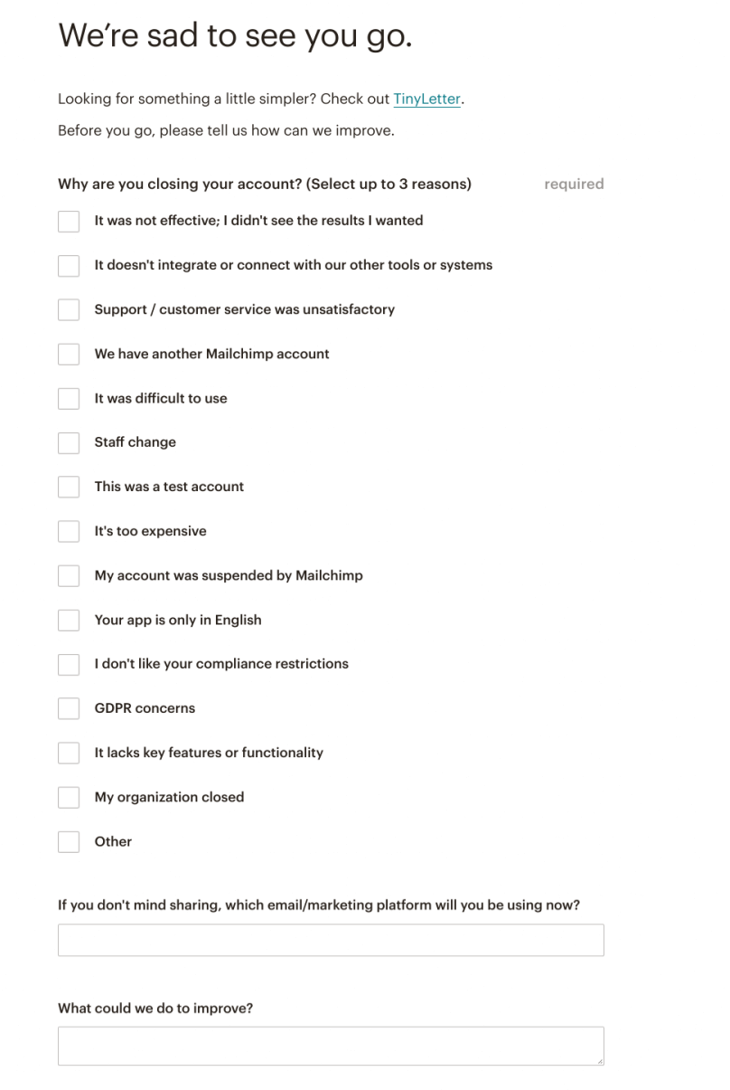 Survey is titles 'We're sad to see you go' and asks 'Why are you closing your account' with the option to select 3 reasons from a multiple choice list