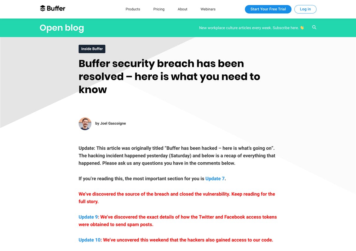 Blog title: "Buffer security breach has been resolved - here is what you need to know"