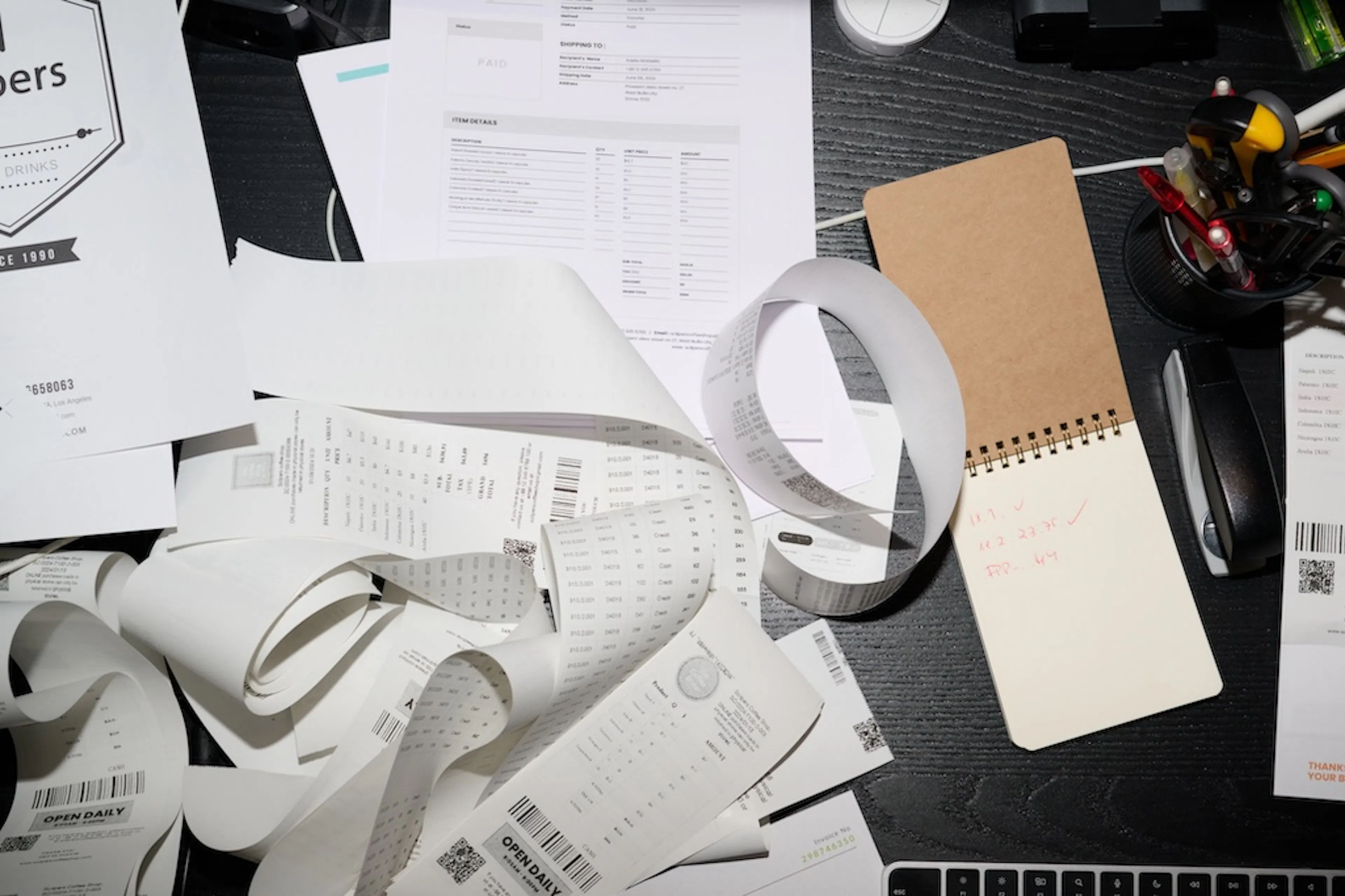 Messy desk with receipts