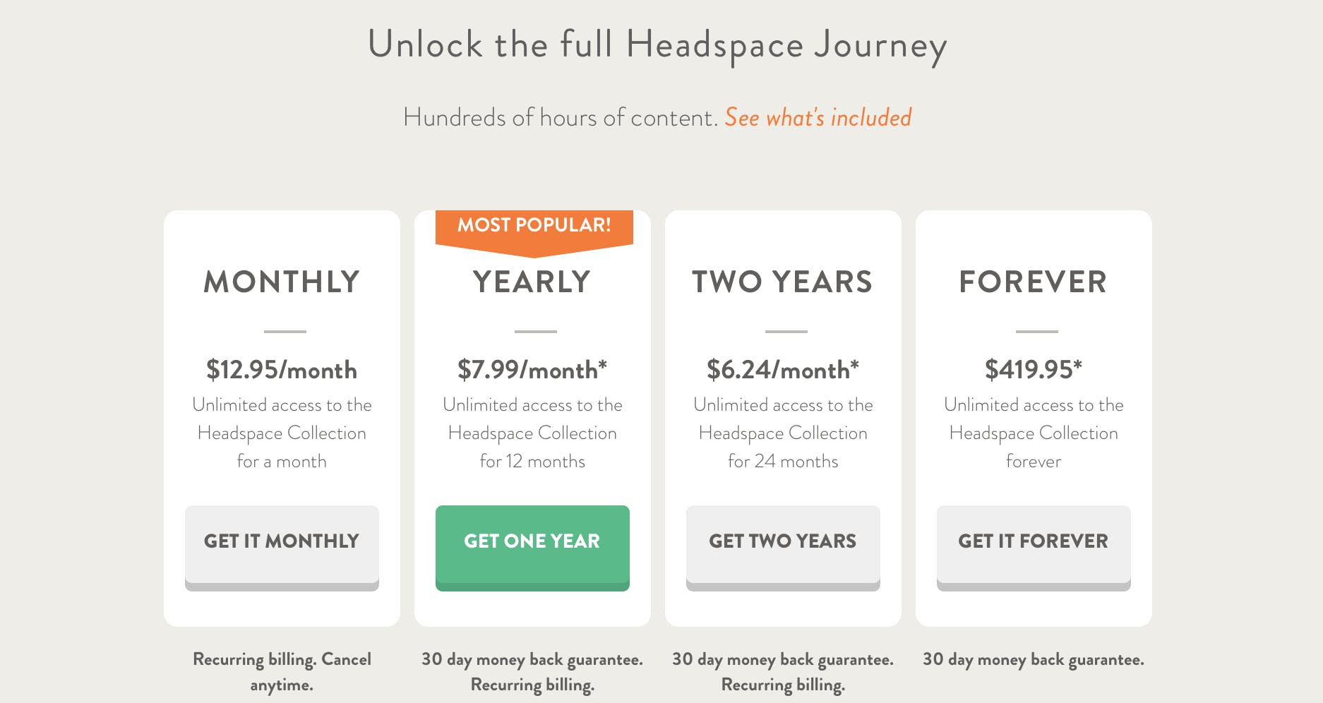 Headspace's pricing page shows different subscription options.