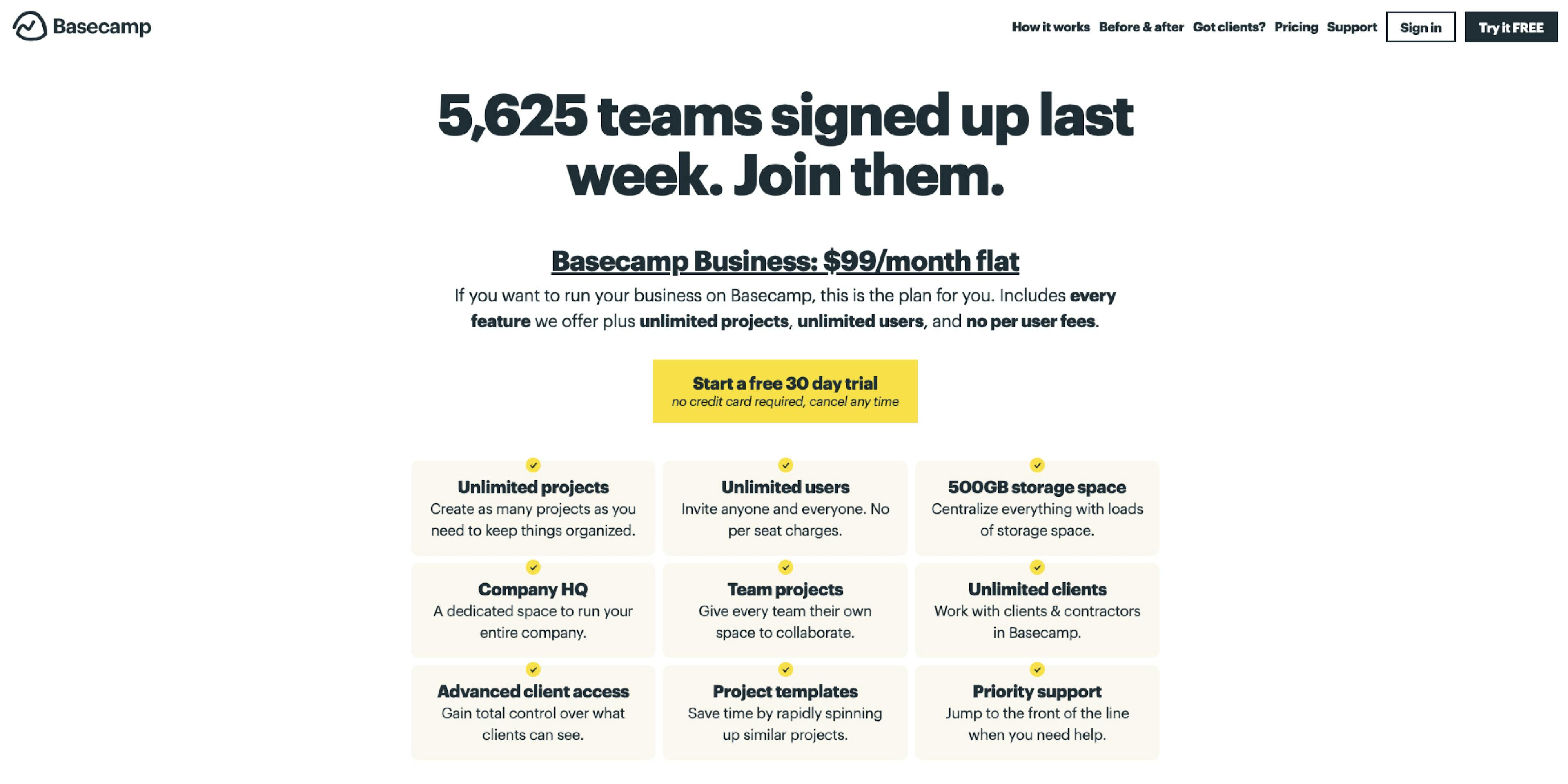 Basecamp pricing page