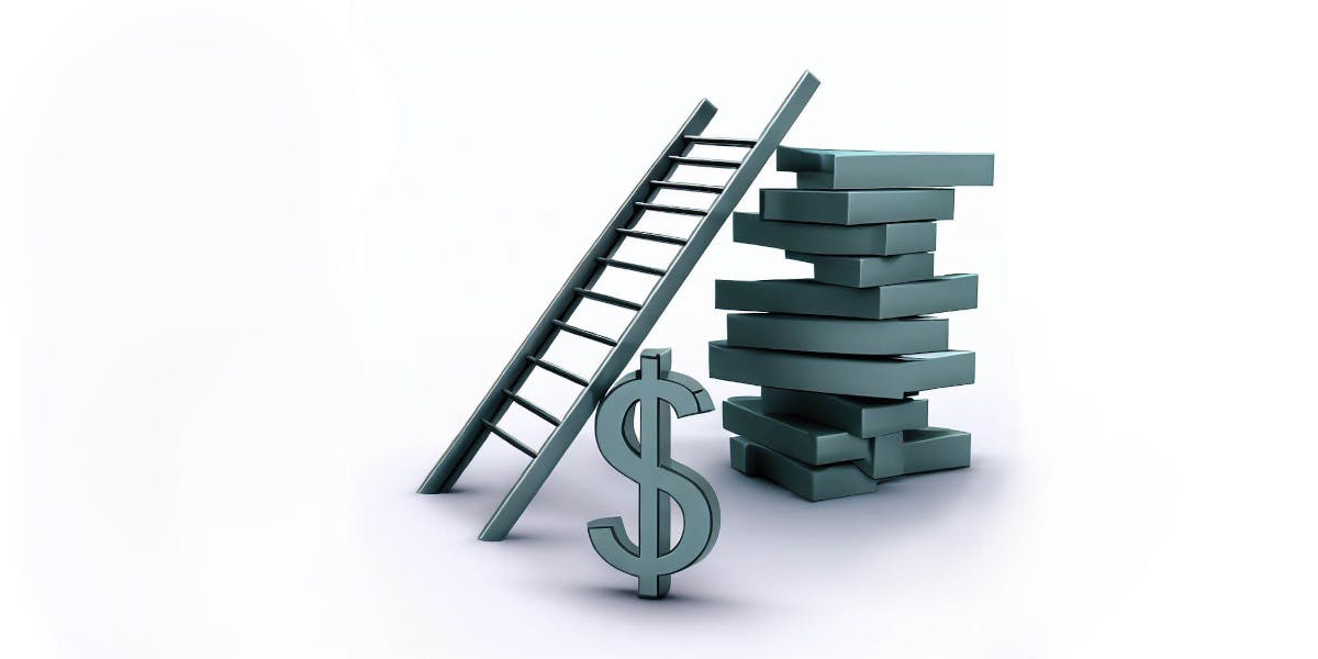 A graphic representing price laddering with a ladder going up and a dollar sign