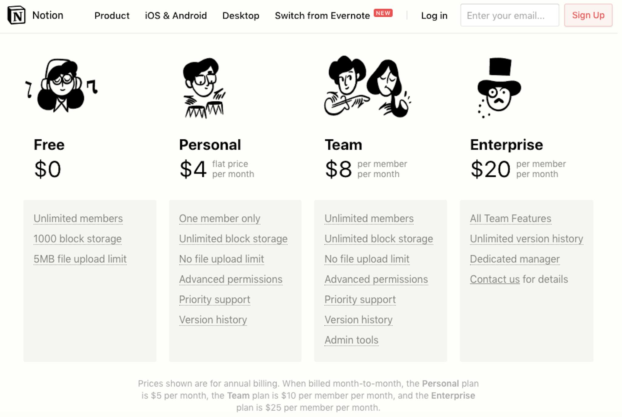 Notion pricing page