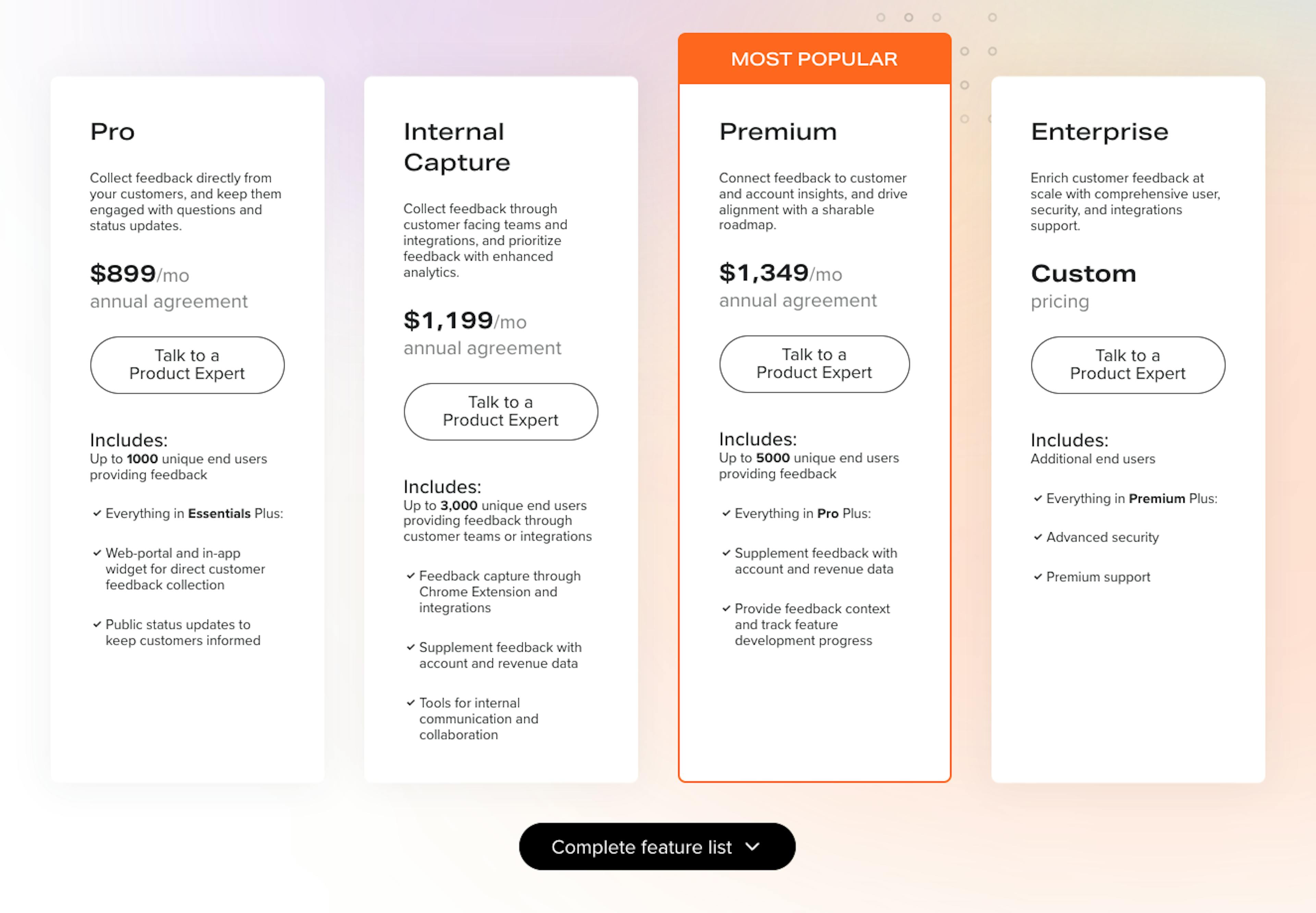 Example of a typical “Good, better, best” pricing structure. Source: UserVoice pricing page