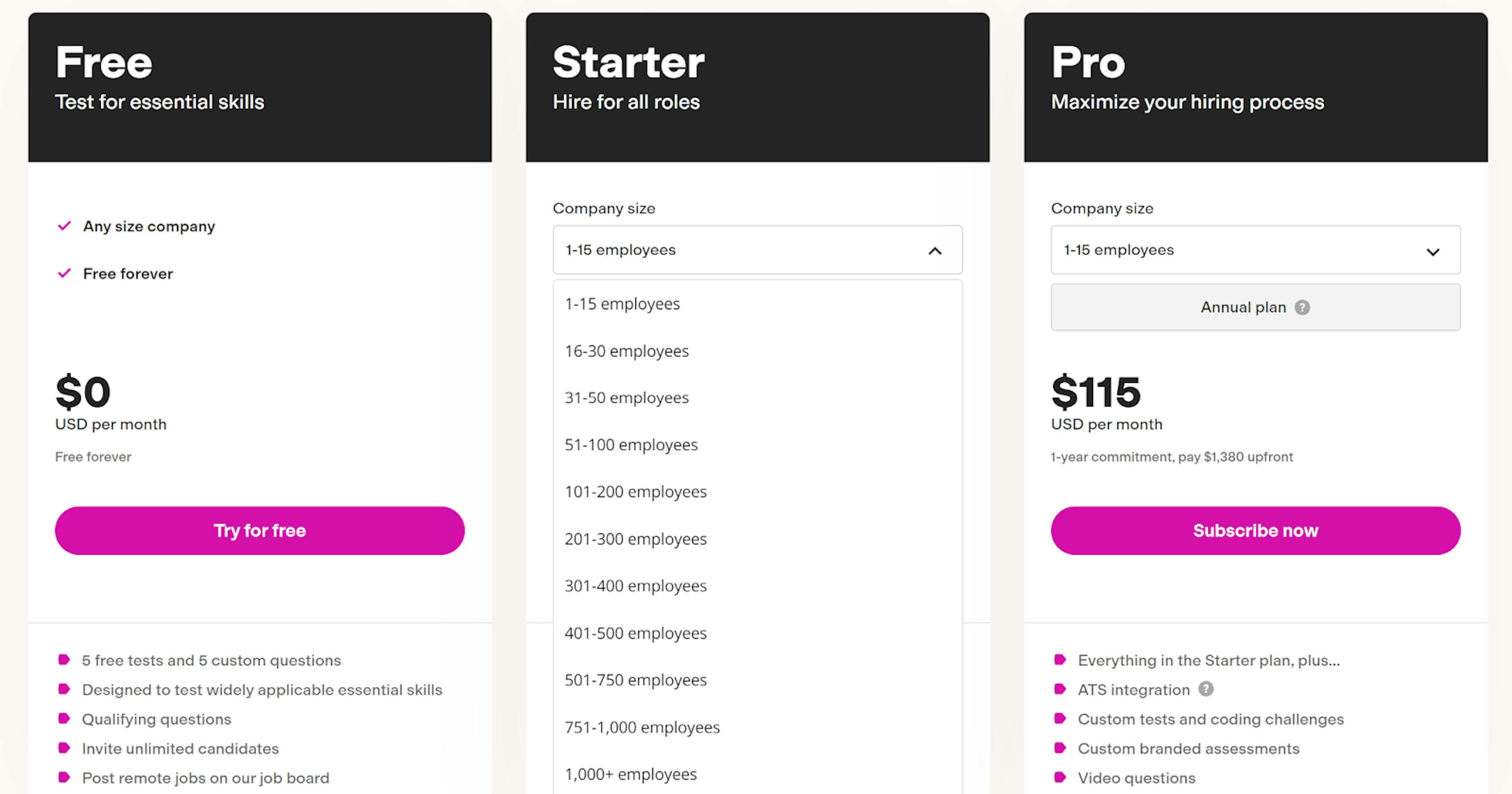 Source: TestGorilla pricing plans