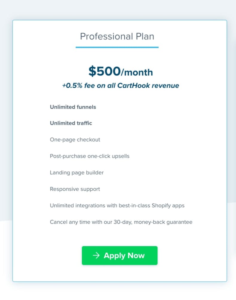 Carthook pricing's professional plan offers unlimited funnels and traffic, and a variety of features.