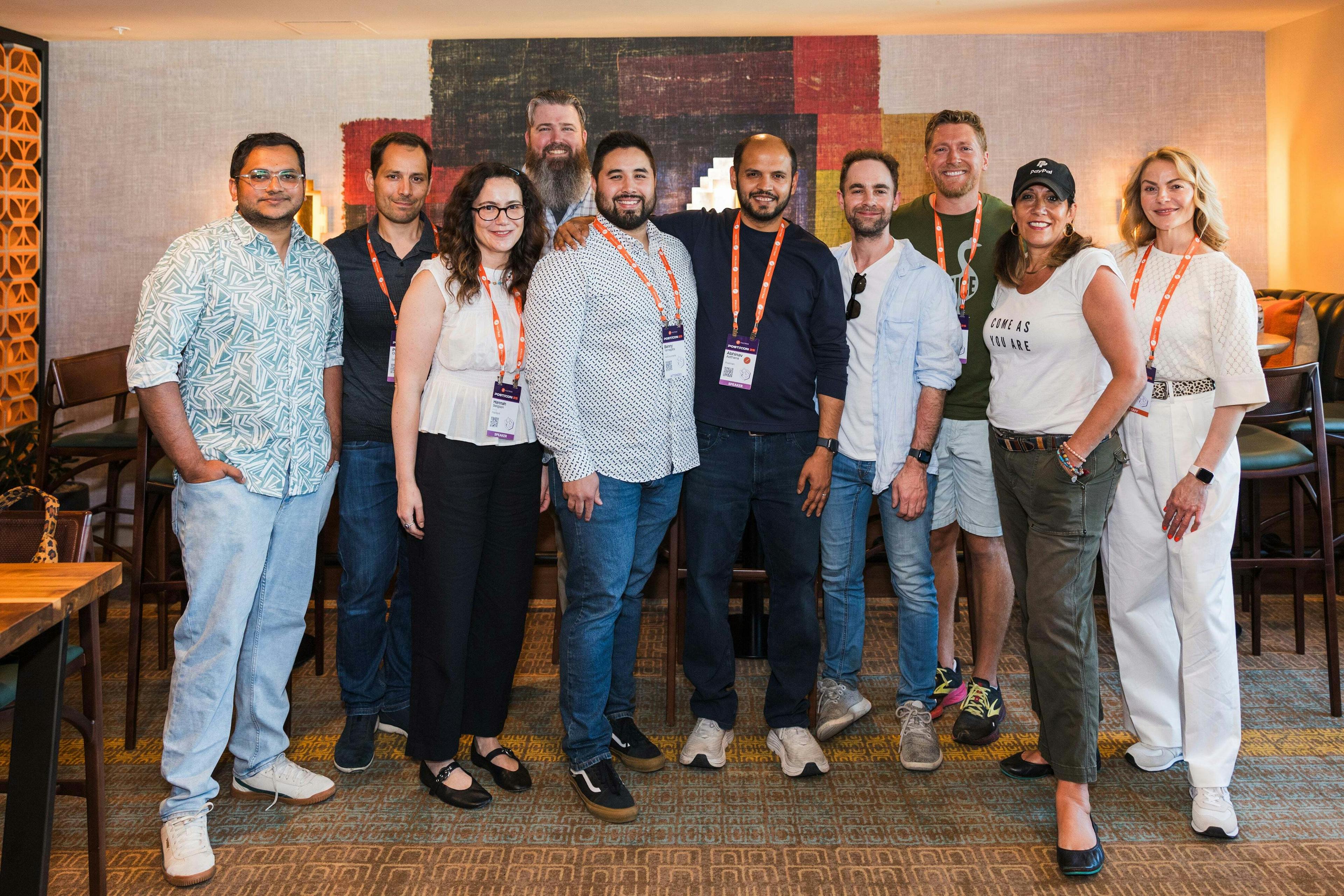 From left to right: Postman Leaders from Zoom, Salesforce, Hubspot, P&G, NetDocuments, Paddle, Momento, PayPal. Abhinav Asthana (center) and Patricia Dugan (far right) from Postman.