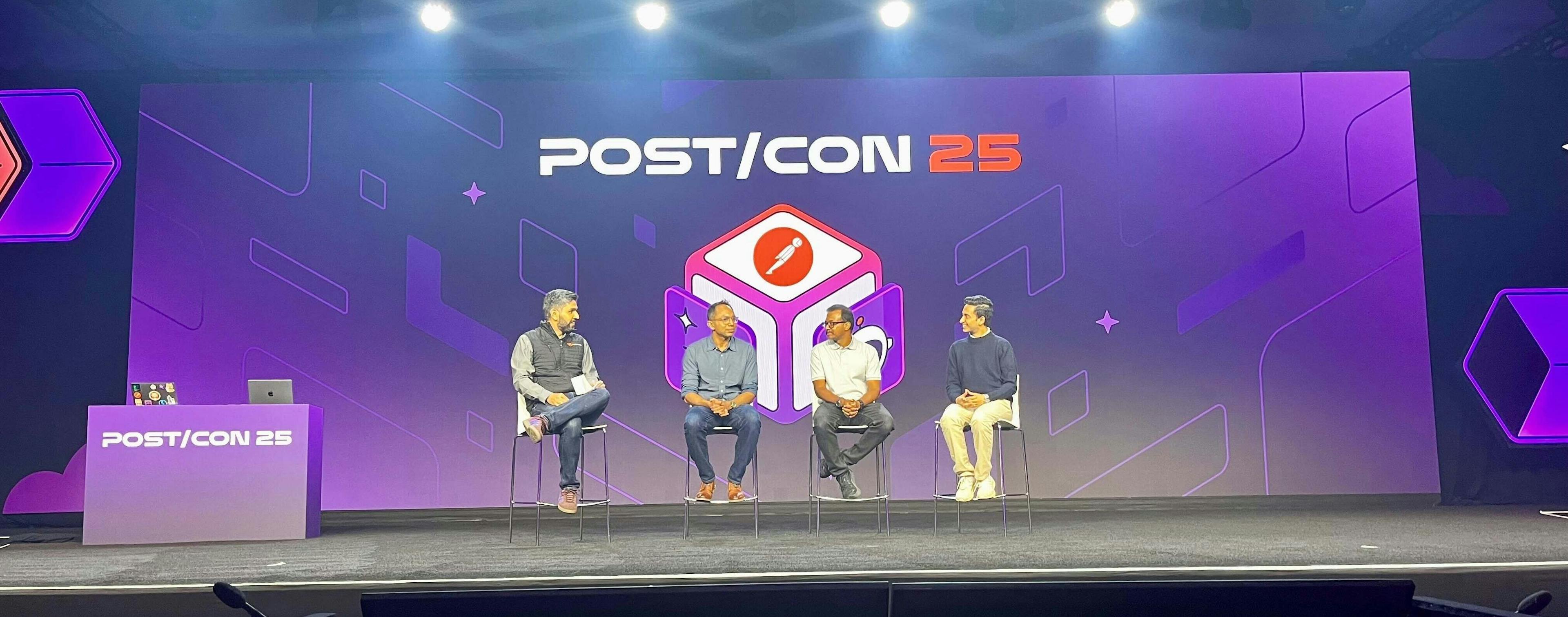 Keynote stage with Ankit Sobti from Postman, Srini Iragavarapu from AWS, Rangaprabhu Parthasarathy from Meta, and Sambhav Jain from Deacgon