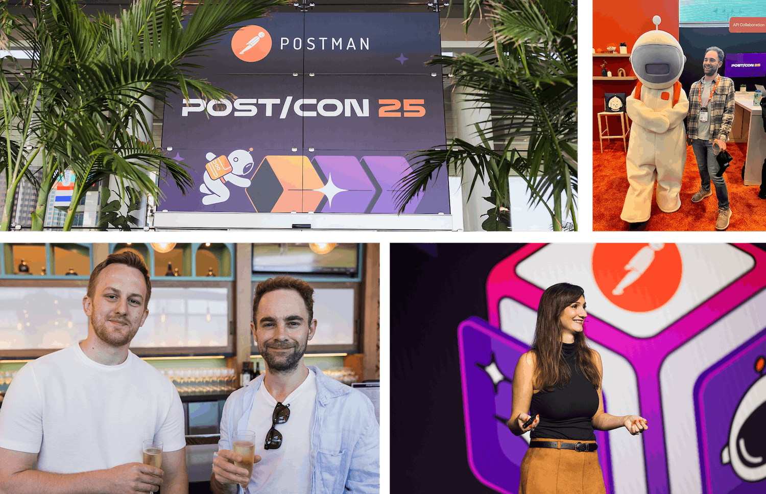Grid of four images. Image 1 is the POST/CON banner. Image 2 is Michael from Paddle laughing with the Postmanaut. Image 3 is Michael and Kieran from Paddle at the VIP reception. Image 4 is Justine from Postman on the keynote stage.