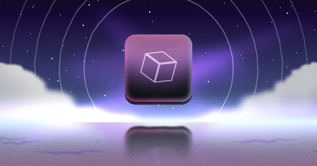 A box animated in an app square on a purple abstract sky background