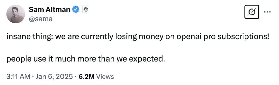 A tweet from Sam Altman that reads 'insane thing: we are currently losing money on open ai pro subscriptions! people use it much more than we expected'