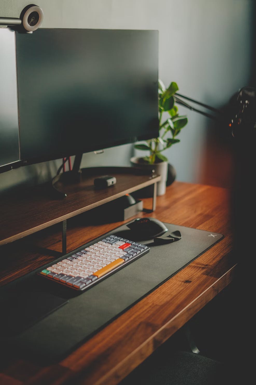 Office desk with screen and keyboard