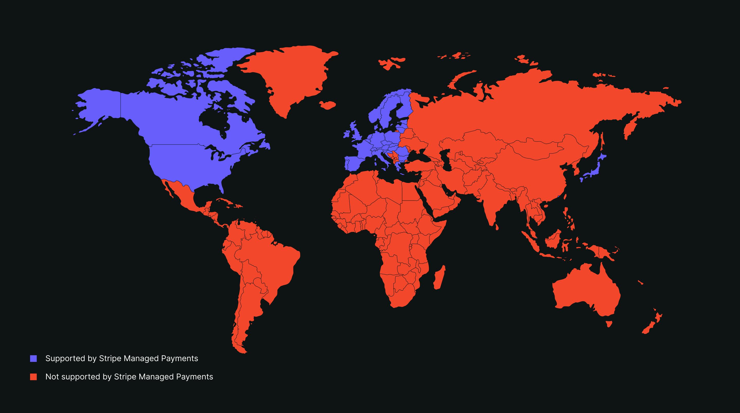 A map detailing where Stripe Managed Payments is supported/not supported