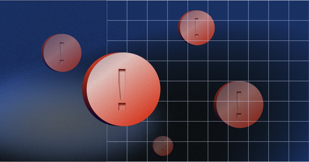 Blue background with red coins and explanation marks