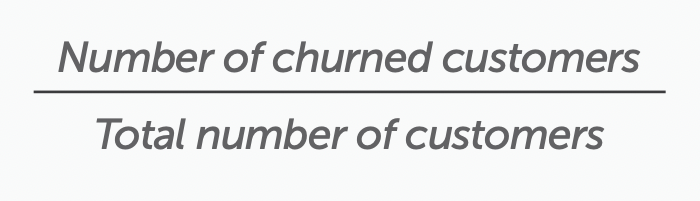 Churn rate formula: Number of churned customers divided by total number of customers