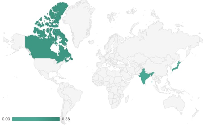 World map shows Canada, India and Japan highlighted