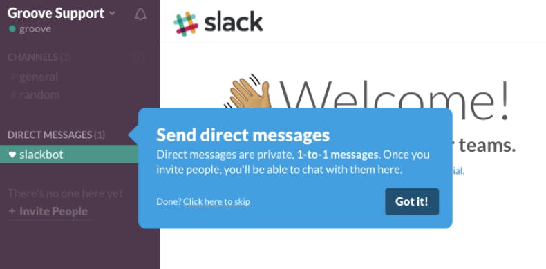 Slack product onboarding cues: "Send direct messages"