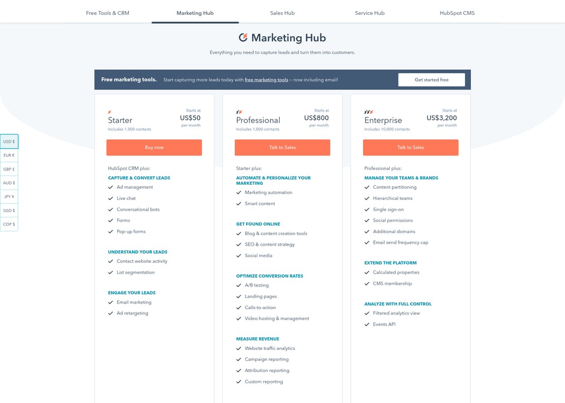 Hubspot pricing page for Marketing Hub product