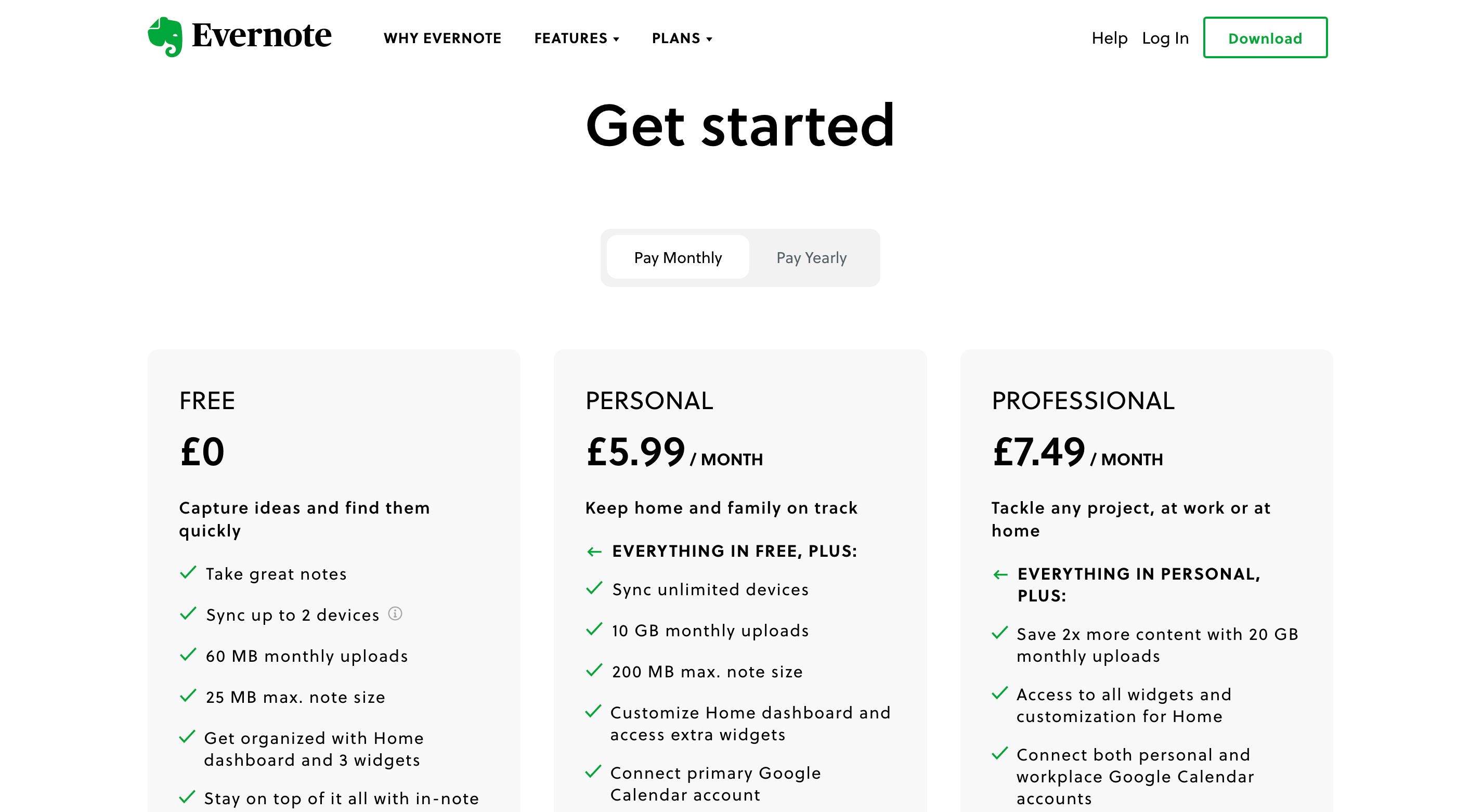 Evernote pricing page: per feature pricing