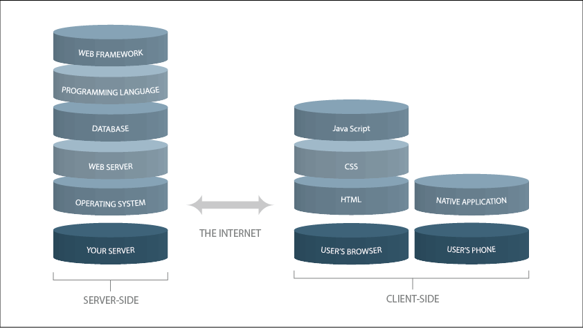 Server-side stack: web framework, programming language, database, web server, operating system.
Client-side stack: User's browser - Java Script, CSS, HTML. User's phone - Native application