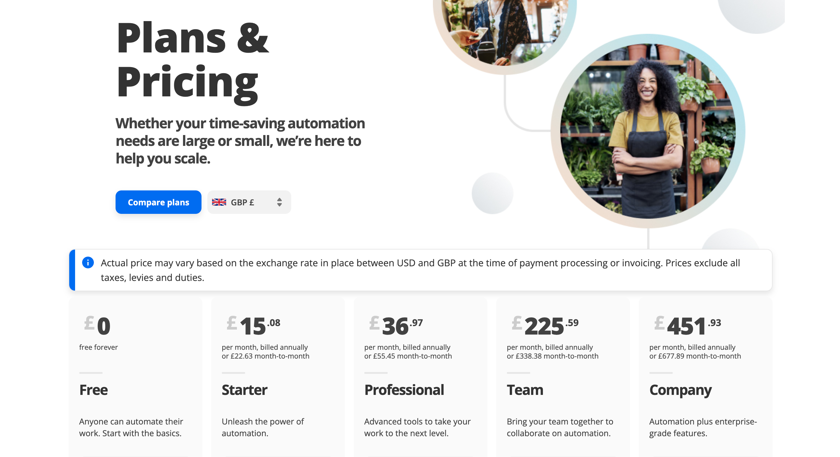 Zapier's plans and pricing showing a tiered pricing model