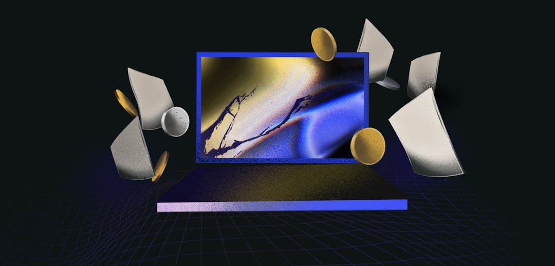 Illustrated purple laptop with abstract coins and paper floating around it