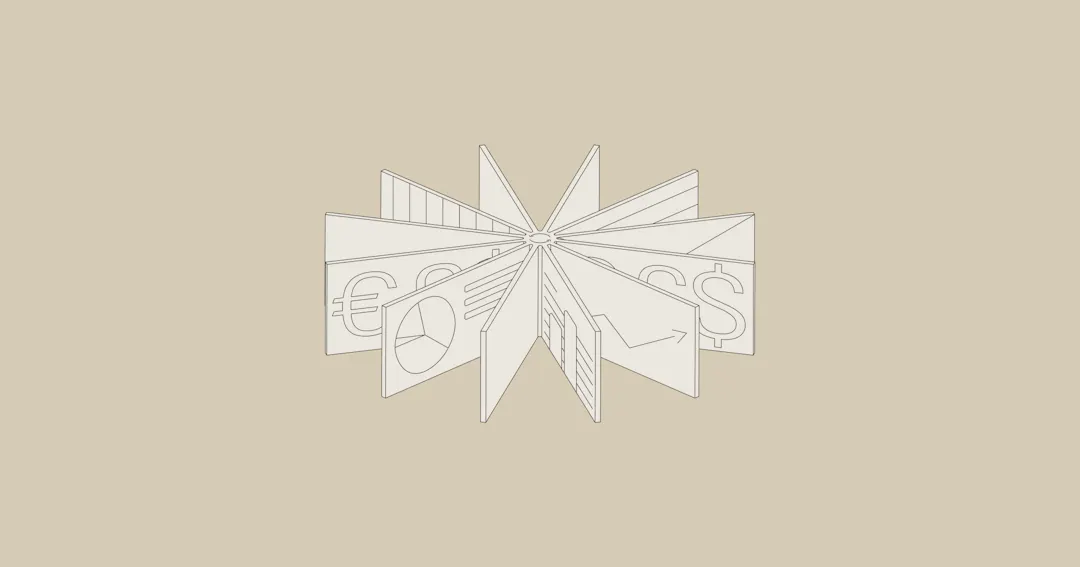 A revolving shape with currency symbols and graphs on each spoke