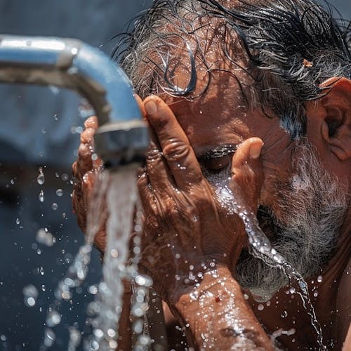 Fotografia do rosto de um homem com os olhos fechados. Ele segura as mãos em concha sobre o rosto, e água escorre das suas mãos e pela sua face. Em primeiro plano, há uma torneira, de onde a água escorre.