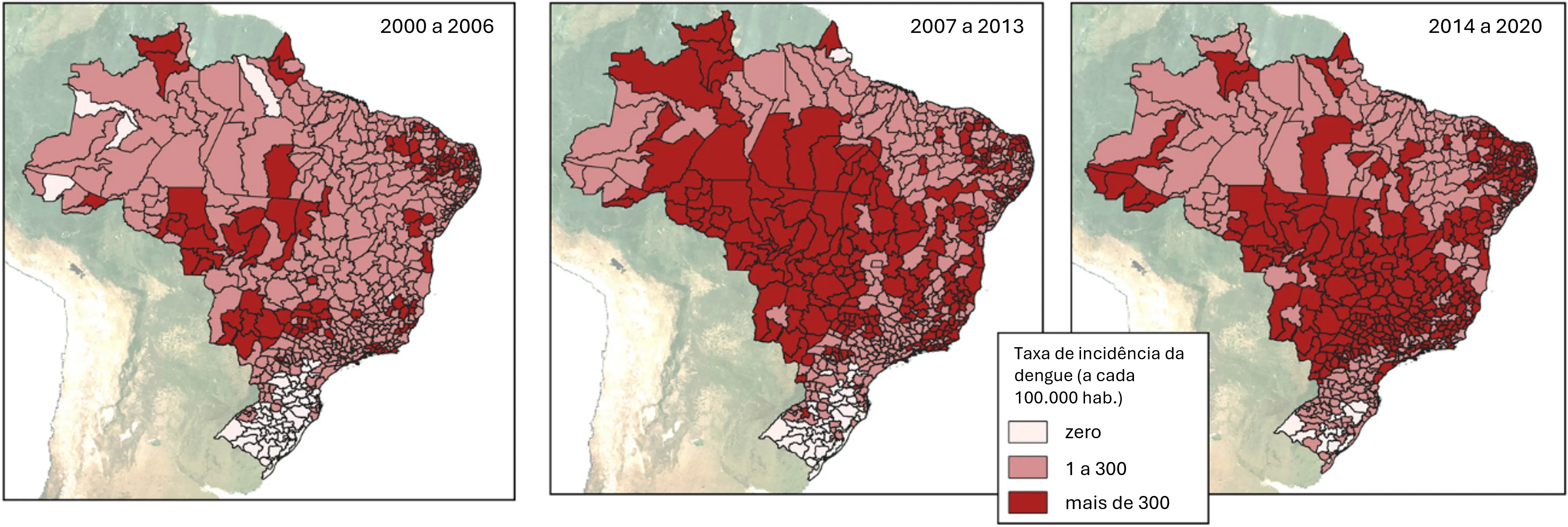 Na figura, são apresentados três mapas do Brasil. O primeiro corresponde à incidência de dengue entre 2006 e 2006, o segundo 2007 e 2013 e o terceiro 2014 a 2020. A partir de 2007, a interpretação dos mapas permite inferir que houve aumento na incidência de casos de dengue no Brasil, sobretudo nas regiões Centro-Oeste e Sul.