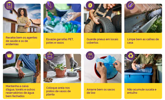 Ações recomendadas pelo Ministério da Saúde em sua campanha “10 minutos contra a dengue”. IMAGEM: captura de tela da página do Ministério da Saúde.