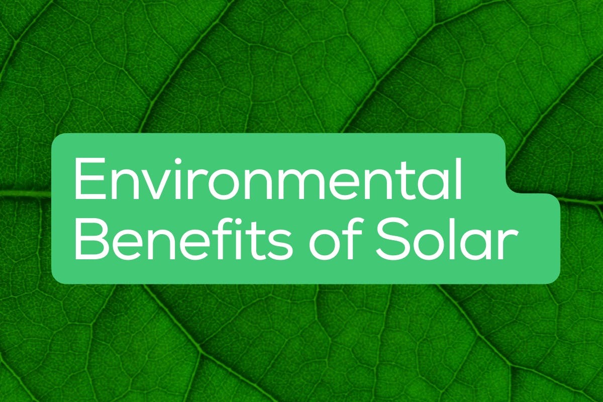 The words "Environmental Benefits of Solar" in white text rest on a light green background above the picture of a dark green leaf, representing the health and environmental benefits of solar energy.