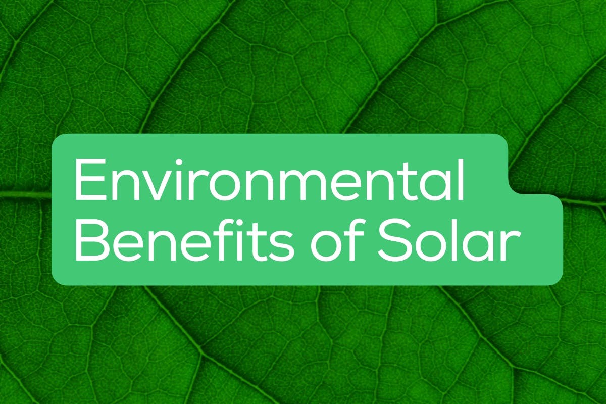 The words "Environmental Benefits of Solar" in white text rest on a light green background above the picture of a dark green leaf, representing the health and environmental benefits of solar energy.