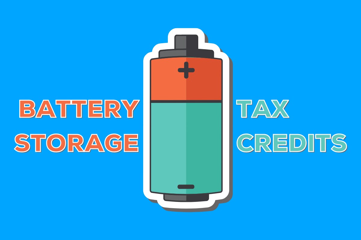 Home solar battery on a blue background with "Battery Storage Tax Credits" written in text next to it.
