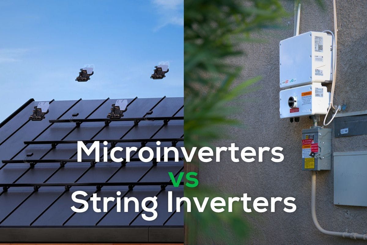 The words "Microinverters vs String Inverters" over an image of microinverters and a string inverter, representing the pros and cons of each, and how to compare their features, benefits, and make an informed decision for your solar system.