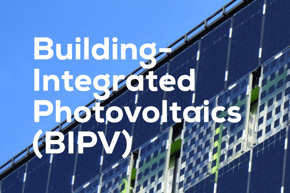 The words "Building-Integrated Photovoltaics (BIPV)" over an image of solar windows, representing any integrated building feature, such as roof tiles, siding, or windows, that also generate solar electricity.