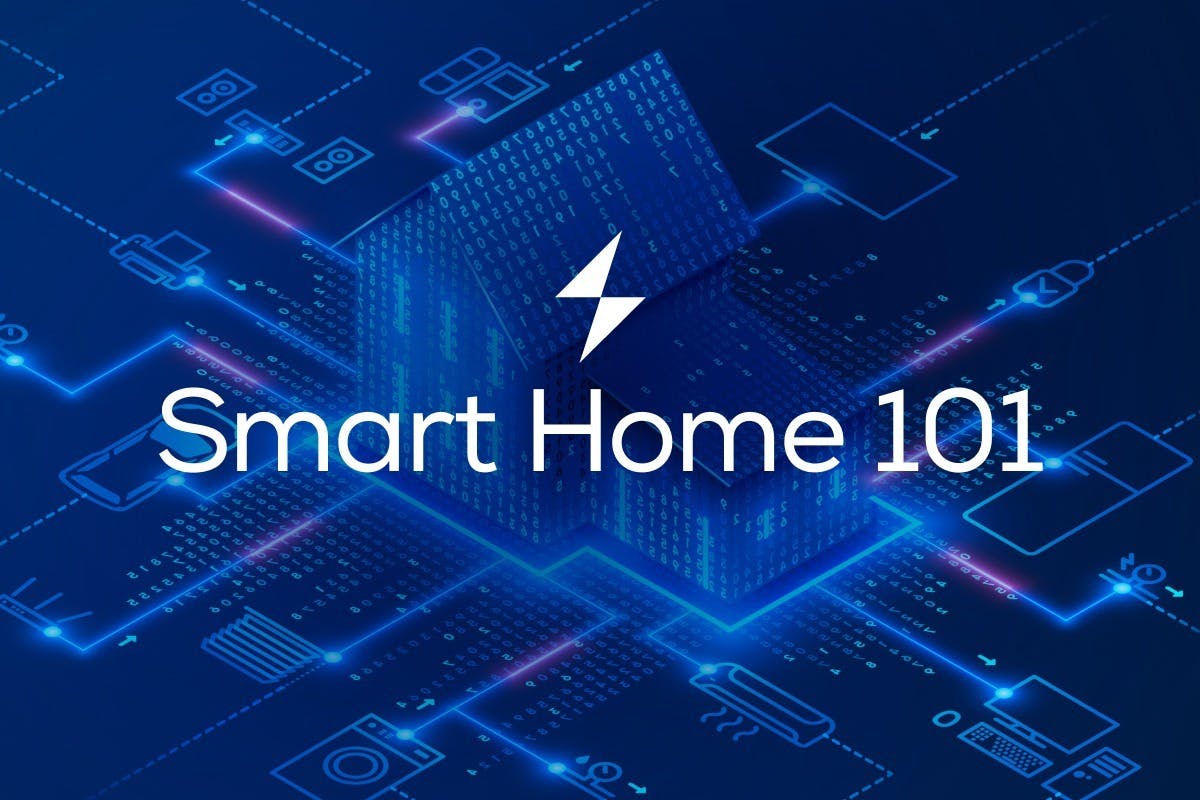 The words "Smart Home 101" over an image of a futuristic-looking house, showing how to design and build a smart home system, the benefits and drawbacks of smart home technology, and how to create a smart home ecosystem that will save money.