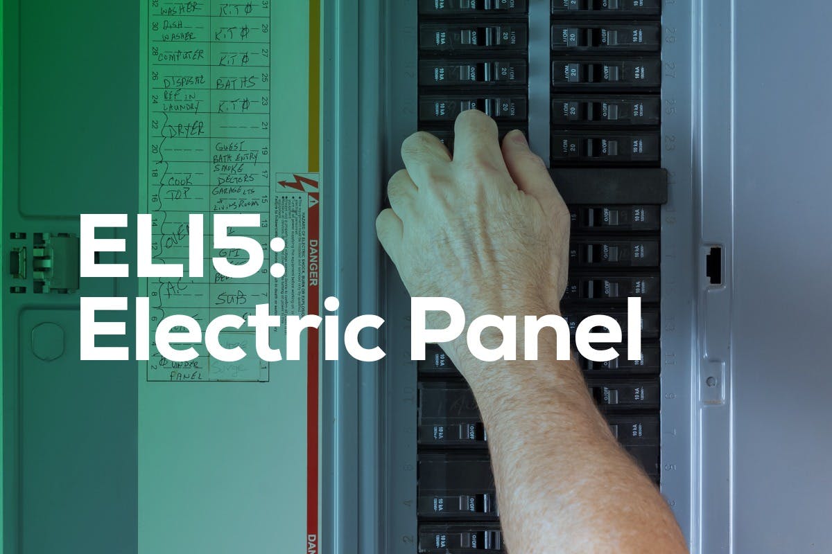 The words "ELI5: Electric Panel" over an image of a hand resetting a circuit breaker in an electric panel, representing what an electric panel is and how it works, what a circuit breaker is, and what happens when a breaker trips, explained with simple words and concepts as part of the Explain Like I'm 5 series.