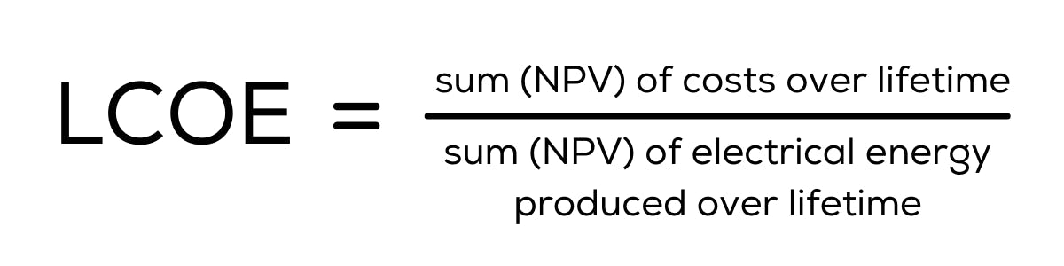 Simplified Levelized Cost of Energy Formula = Sum (NPV) of Cost Over Lifetime / Sum (NPV) of Electrical Energy Produced Over Lifetime