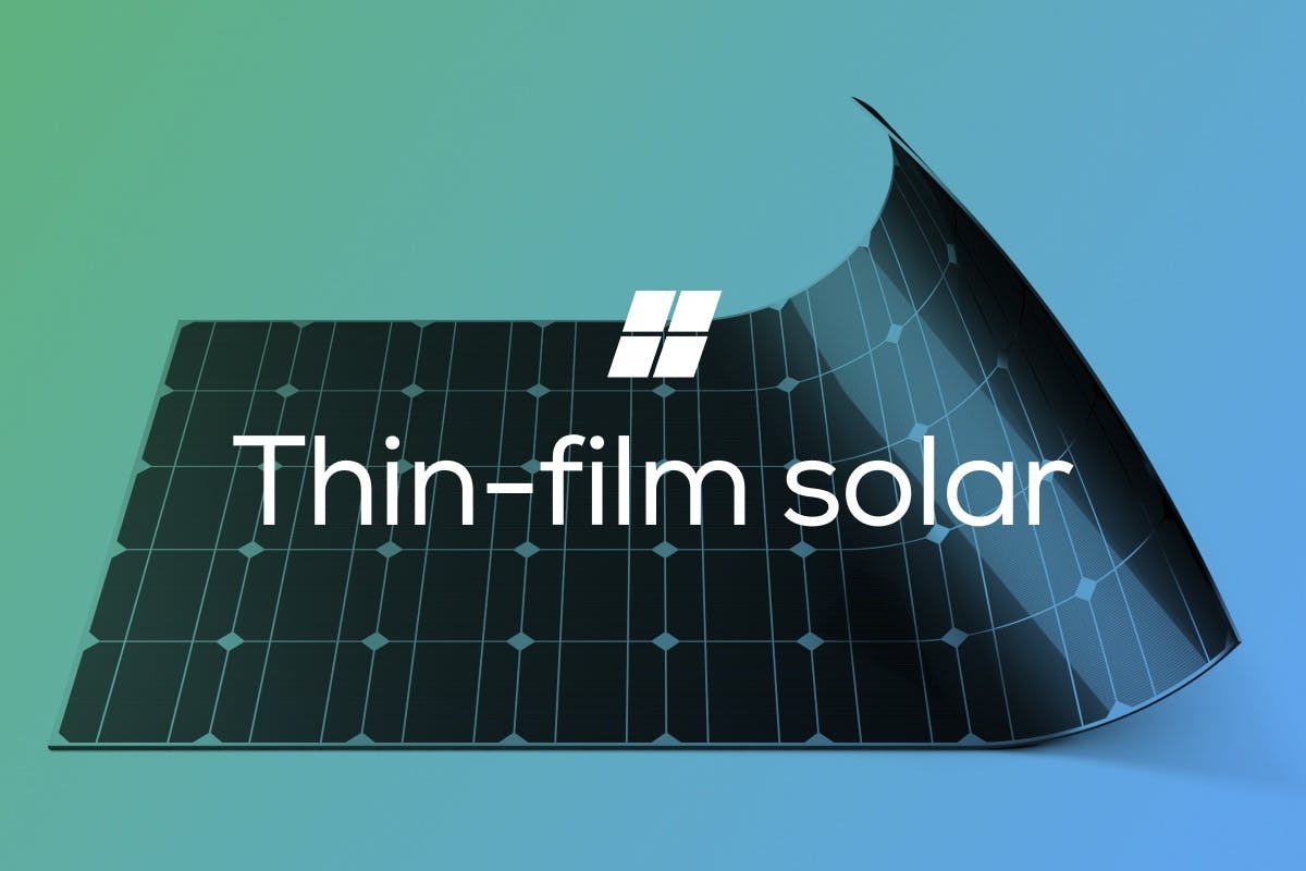 A flexible solar panel with the words "Thin-Film Solar" over top, representing the primary thin-film solar cell materials, and the pros, cons, strengths, and weaknesses of thin-film solar technology.