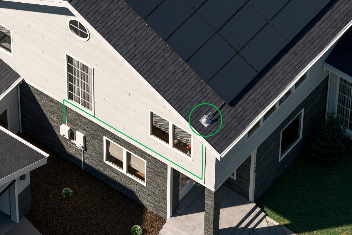 A rendering that highlights the electrical conduit of a Palmetto solar panel system.
