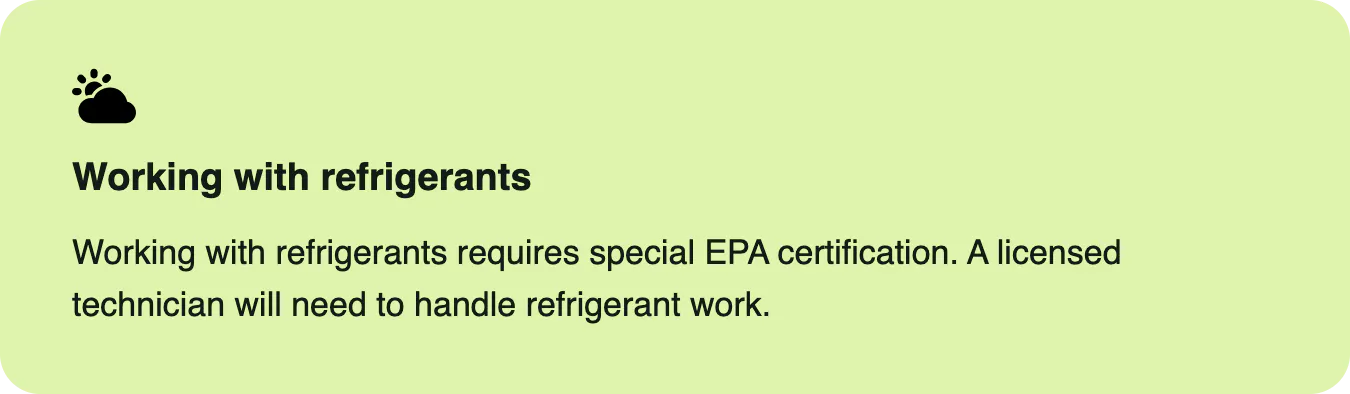A callout box highlighting the certification requirements for handling refrigerant.