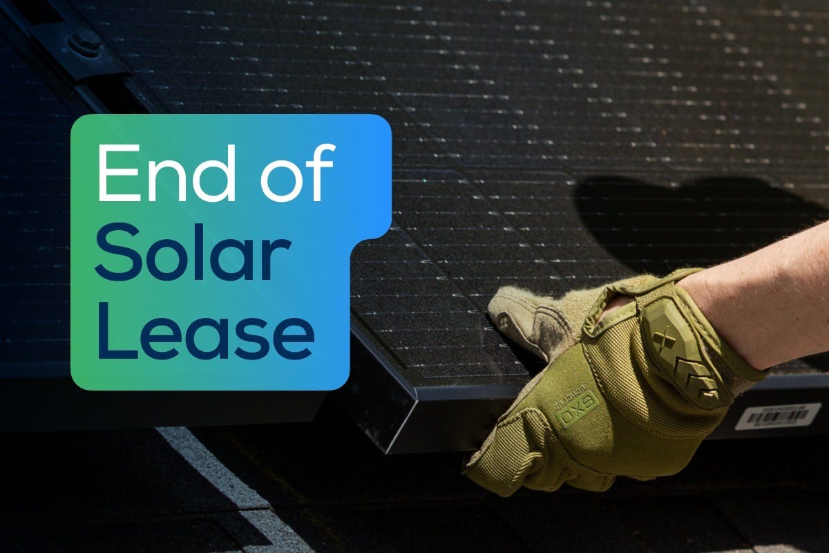 The words "End Of Solar Lease" over an image of a solar installer removing solar panels at the end of a solar lease, representing the pros and cons of renewing, buying out, or ending your agreement when it's time to decide on a new solar lease or power purchase agreement (PPA).