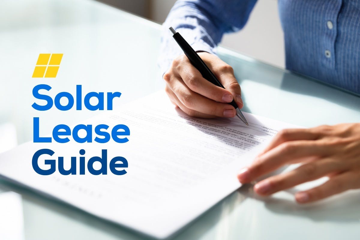 The words "Solar Lease Guide" over an image of a homeowner signing their solar lease, representing a definition of solar leasing, how a solar lease works, the pros and cons of leasing solar, and the difference between a lease and Power Purchase Agreement (PPA).