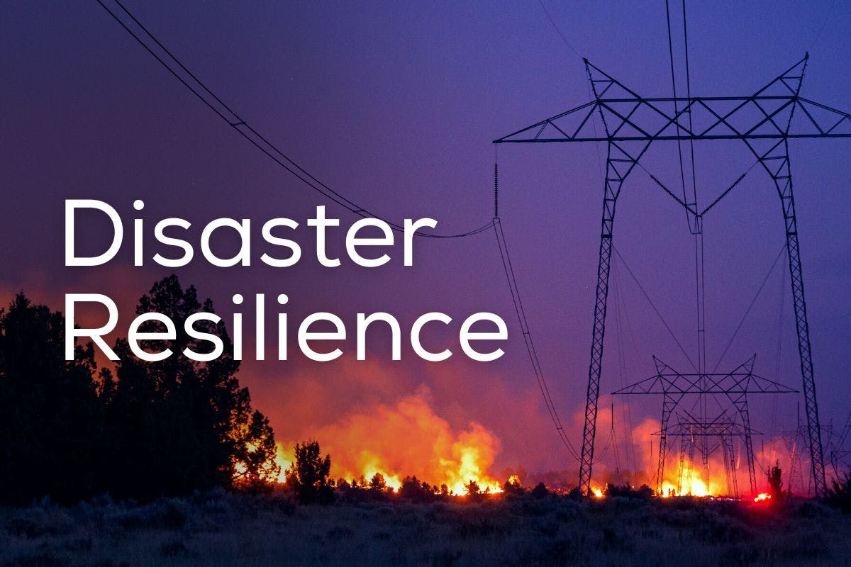 The words "Disaster Resilience" over an image of a wildfire below the electricity grid, representing the importance of disaster resilience in emergency scenarios like hurricanes, flooding, tornadoes, and wildfires, and increasing emergency preparedness with solar panels.